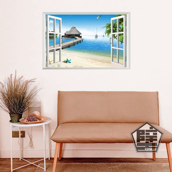 274 壁シール ウォールステッカー ウォールシール 窓 椰子 ヤシ 砂浜 ビーチ リゾート 行楽地 保養地 立体 3枚目の画像