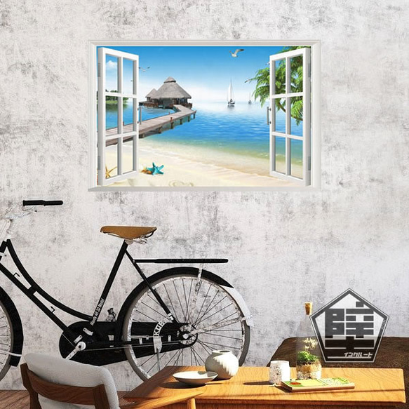 274 壁シール ウォールステッカー ウォールシール 窓 椰子 ヤシ 砂浜 ビーチ リゾート 行楽地 保養地 立体 1枚目の画像