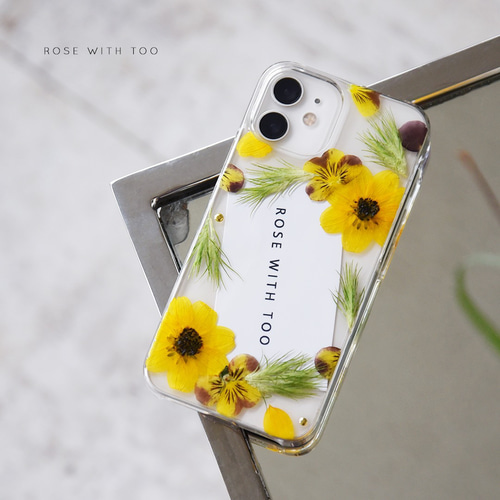 推し活 黄色お花フレームの 押し花スマホケース 【 iPhone・android 全 