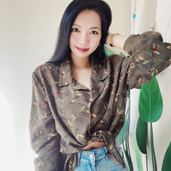 深橄欖綠纏繞花卉青春季節 古蓍紡紗襯衫上衣 vintage Shirt 第5張的照片