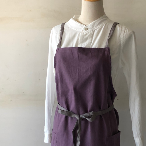 上質リネンのバッククロスエプロン(ラベンダー) 3WAY上質リネンのバッククロスエプロン(ラベンダー) エプロン