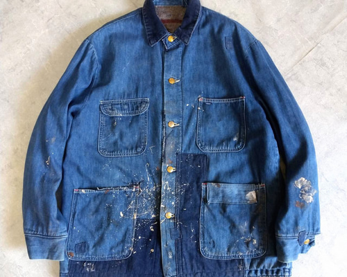 デニムカバーオール ダークブルー　ビンテージ　古着　ワーク　パッチワーク　リペア パッチワークリペア ビンテージ デニム カバーオール ジャケット oldgg