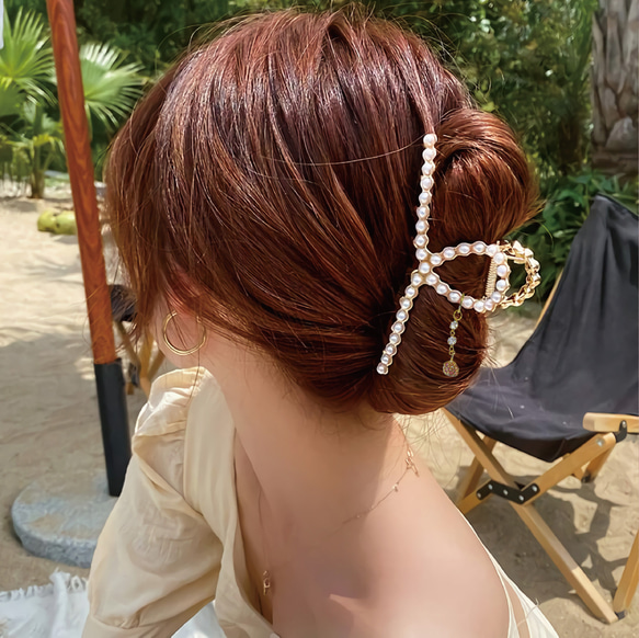 新品 バラ ローズ バンスクリップ ヘアクリップ ゴールド パール チャーム スワロフスキー スワロ ヘアアクセサリー 4枚目の画像