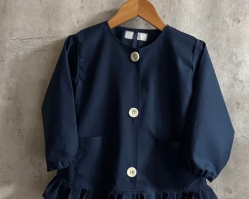 受注80～160】ネイビー 紺 無地 シンプル 前ボタン 長袖スモック 裾