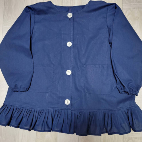 受注80～160】ネイビー 紺 無地 シンプル 前ボタン 長袖スモック 裾