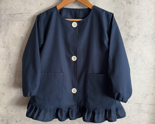 受注80～160】ネイビー 紺 無地 シンプル 前ボタン 長袖スモック 裾