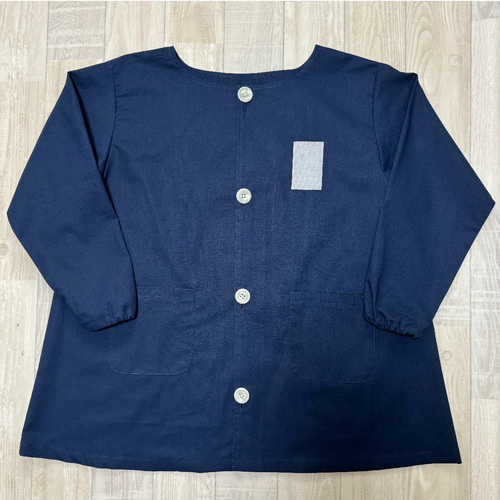 受注80～160】ネイビー 紺 無地 シンプル 前ボタン 長袖スモック