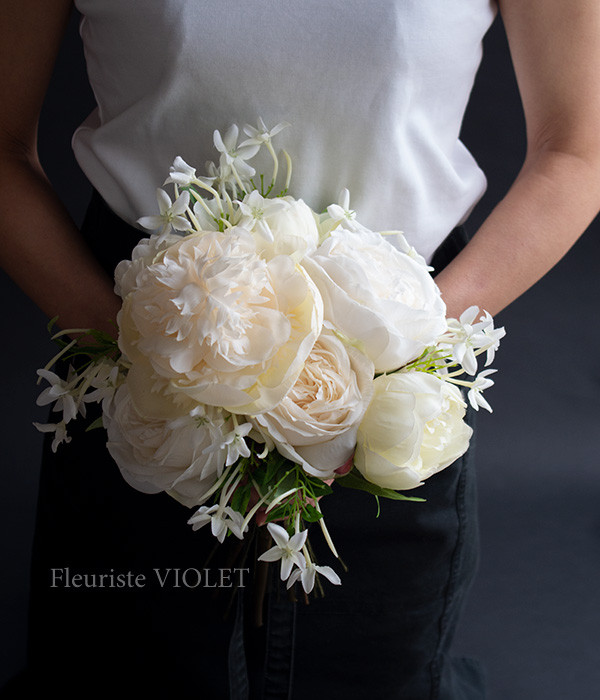 【ウェディングブーケ】シャンパンカラーローズとホワイトピオニー,ジャスミンのブーケ アートフラワーウェディング  結婚式