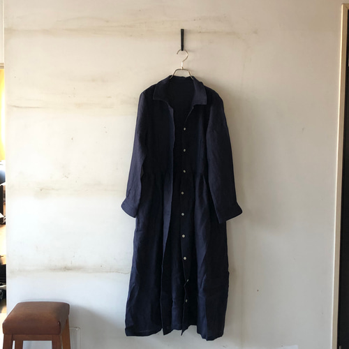 リネンロングギャザーシャツ＊french linen100% dark blue シャツ 