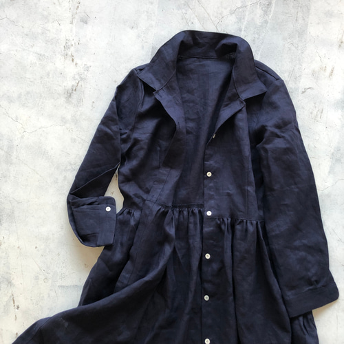 リネンロングギャザーシャツ＊french linen100% dark blue シャツ 