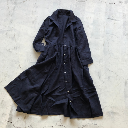 リネンロングギャザーシャツ＊french linen100% dark blue シャツ 