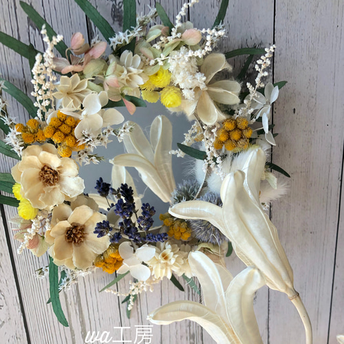 ドライフラワーリース　ミモザリース　ナチュラル　インテリア　バラ ドライフラワーのナチュラルリースミラー/置型も選べる/ボタニカル