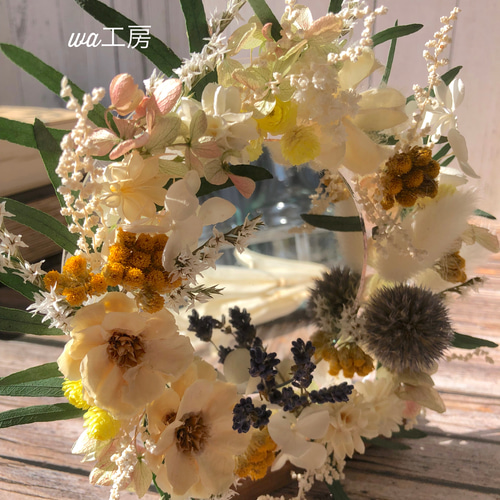 ドライフラワーリース　ミモザリース　ナチュラル　インテリア　バラ ドライフラワーのナチュラルリースミラー/置型も選べる/ボタニカル