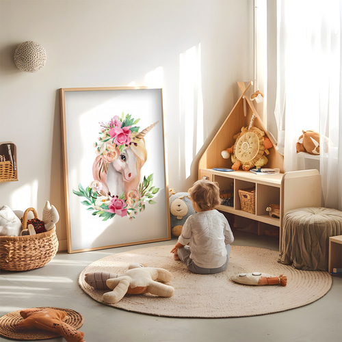 子供向けアートポスター ファンタジー ユニコーン フローラル