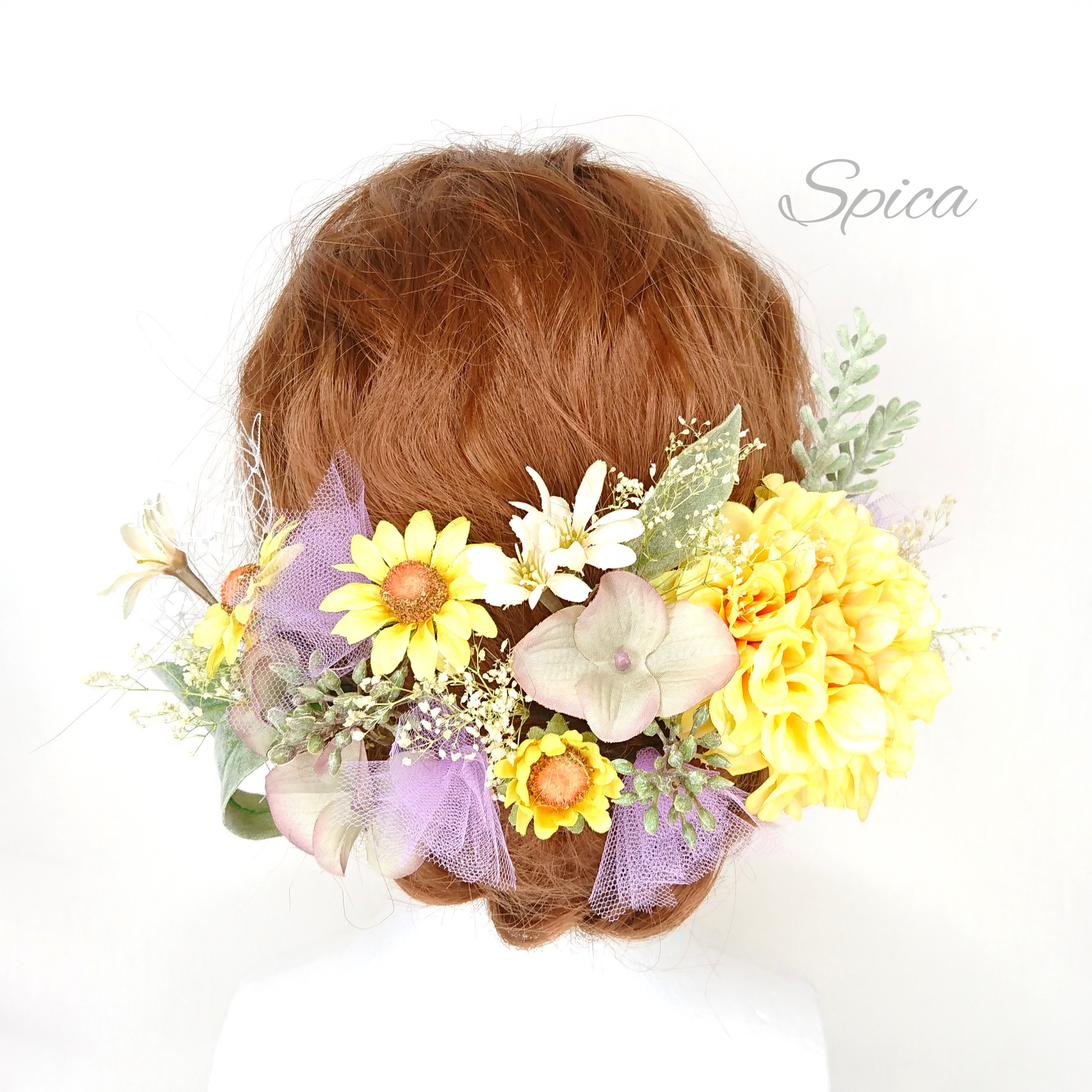 【一点限定】イエローダリアとマーガレットとプリザかすみ草のヘッドドレス 成人式 卒業式 ウエディング 紫 七五三 袴