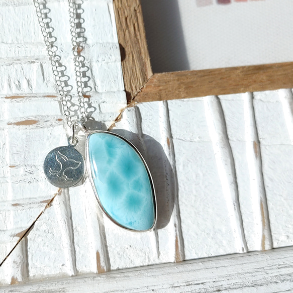 ❁Simple larimar＆moon necklace silver925❁ハイクラスラリマー 3枚目の画像