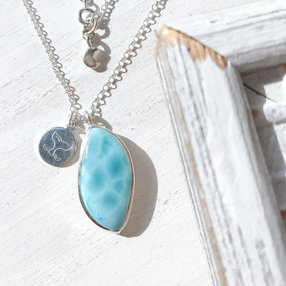 ❁Simple larimar＆moon necklace silver925❁ハイクラスラリマー 7枚目の画像