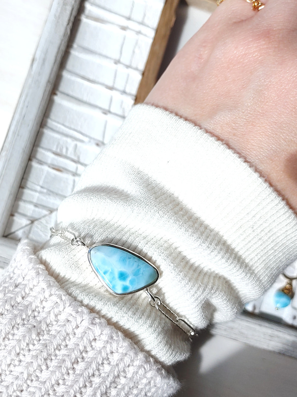 ❁Blue larimar＆flower bracelet silver925❁ハイクオリティラリマー 6枚目の画像