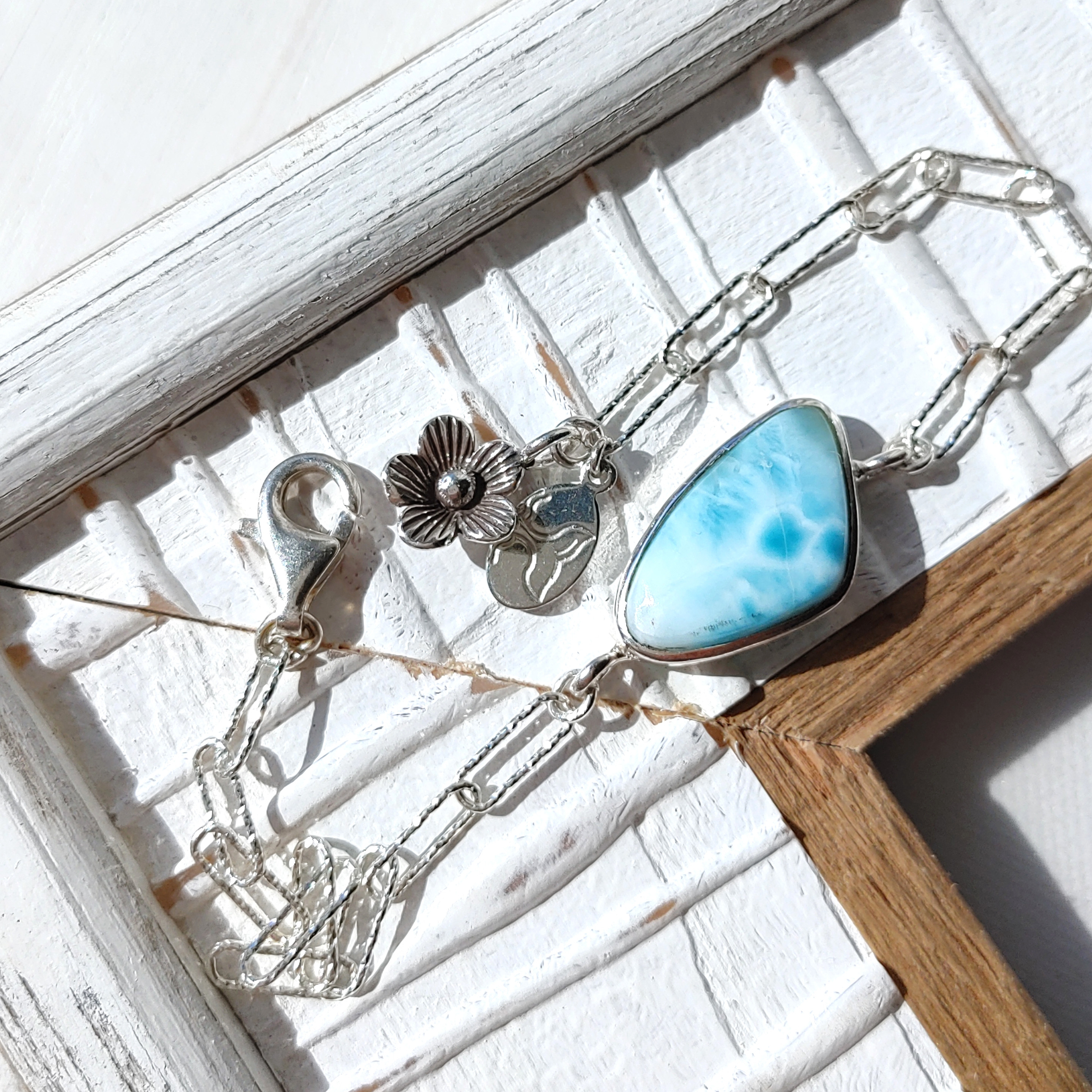 ❁Blue larimar＆flower bracelet silver925❁ハイクオリティラリマー