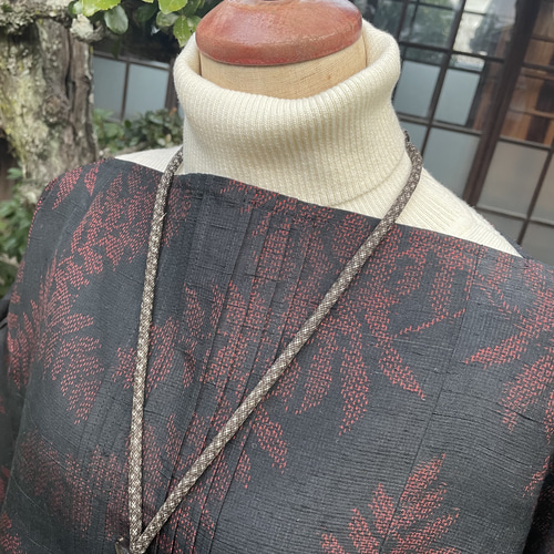 着物リメイク】紬のふんわりボートネックワンピース/ピンタック/絹