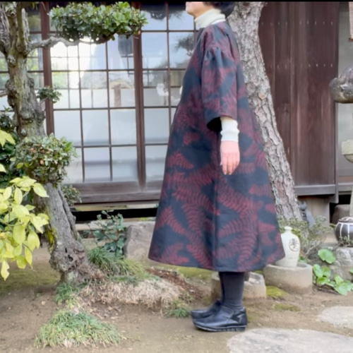 着物リメイク☆410大島紬ピンタックワンピース／サイズL 着物リメイク】紬のふんわりボートネックワンピース/ピンタック/絹