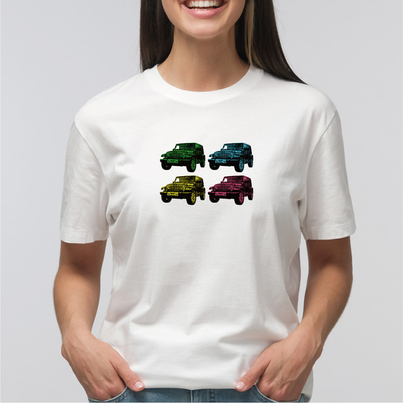 ジープ jeep 四駆 Tシャツ 4台 イラスト 写真 印刷 【名入れOK】 プリント tシャツ かわいい シンプル 1枚目の画像