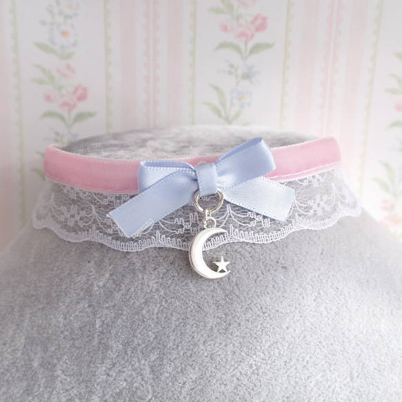 蕾絲 粉紅色絲絨 月亮 蝴蝶結   蕾絲 項鍊 Choker necklace 第3張的照片