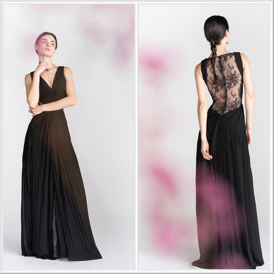 ノースリーブ  Vネック ブラック バックレースウエディングドレス