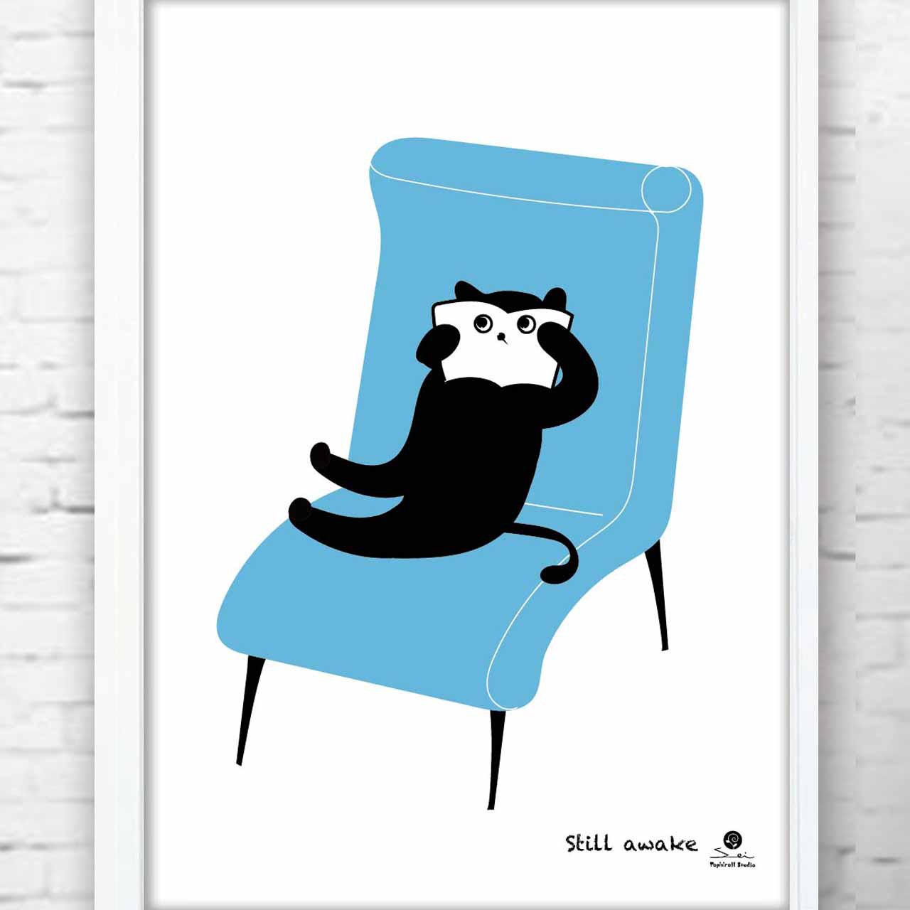 まだ起きてるよ　ネコ　イラスト　ポスター  A4A3A2A1　アートポスター　全作オリジナル　アートsei検索　1195