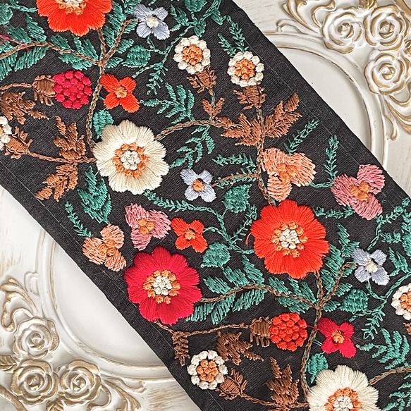 145 ] インド刺繍 リボン 黒 ブラック 花柄 幅:8.5cm リボン・テープ 