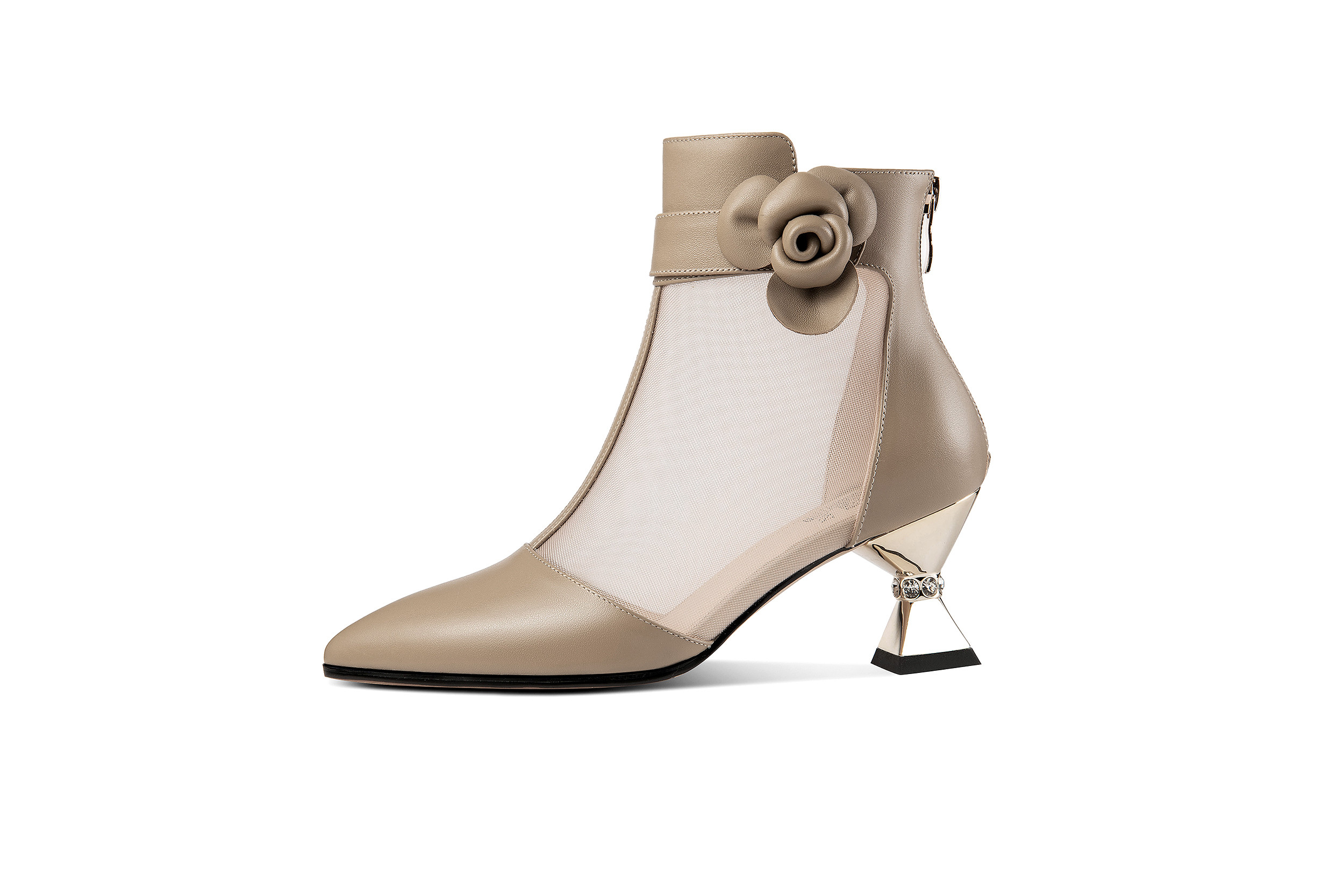 ポインテッドトゥハラコレザーメッシュシースルー涼しげな夏用サイド花付きショートブーツ筒丈10.5cm全2色