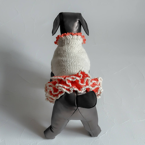 001犬服＊手編みワンピース コットン100％ 梅春物 オレンジ色のフリル