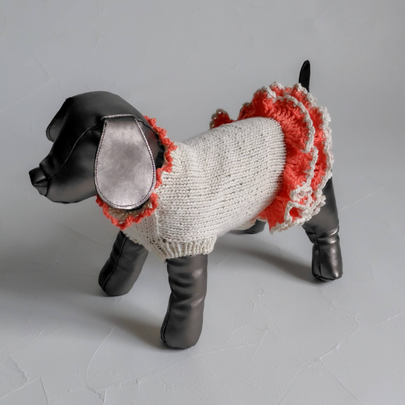 001犬服＊手編みワンピース コットン100％ 梅春物 オレンジ色のフリル