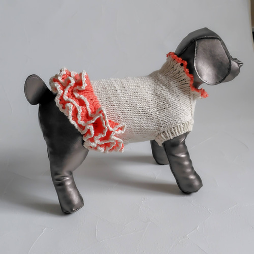 001犬服＊手編みワンピース コットン100％ 梅春物 オレンジ色のフリル