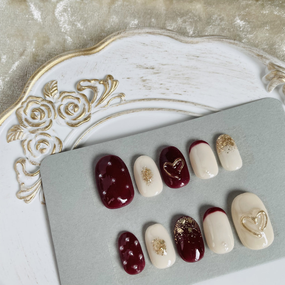ボルドー ホワイト パール シェル ハート フレンチネイル ミラーネイル  