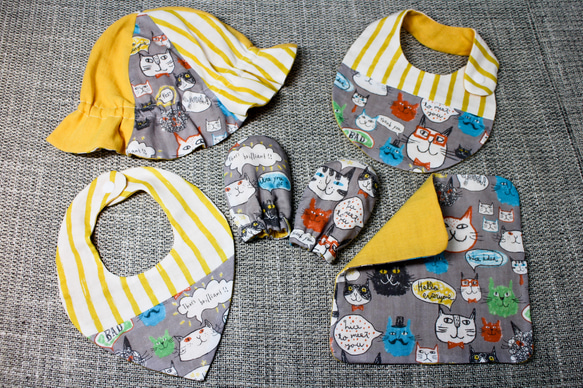 嬰兒禮物 5 件套貓圖案 x 黃色 x 條紋 第1張的照片