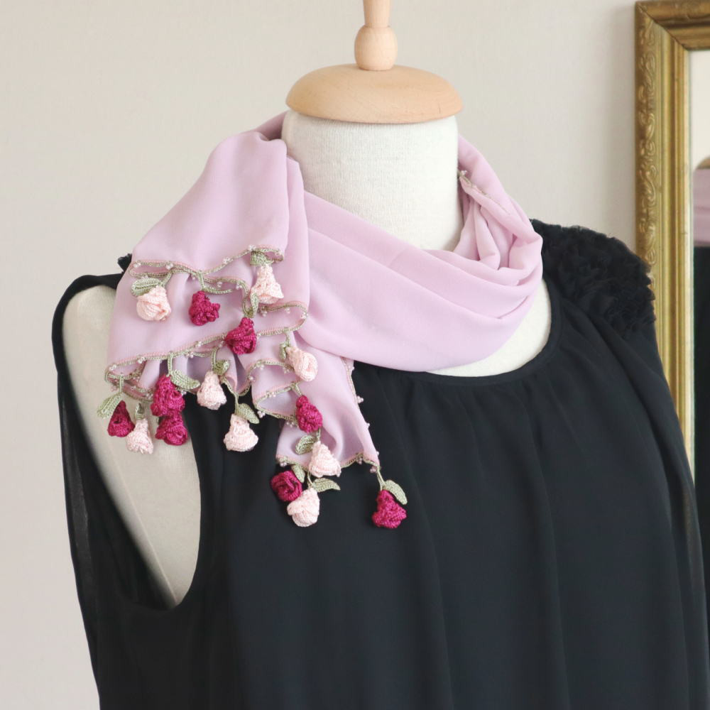 【受注製作】オヤレースの薔薇付き　シフォンストール「ローズ」フォギー・ローズ