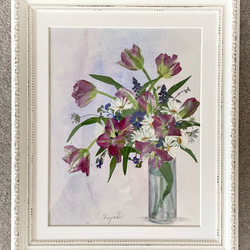 春花のメロディー　ホワイト額入り　水彩画 押し花 押し花アート 押し花額 チューリップ 春色新作2023