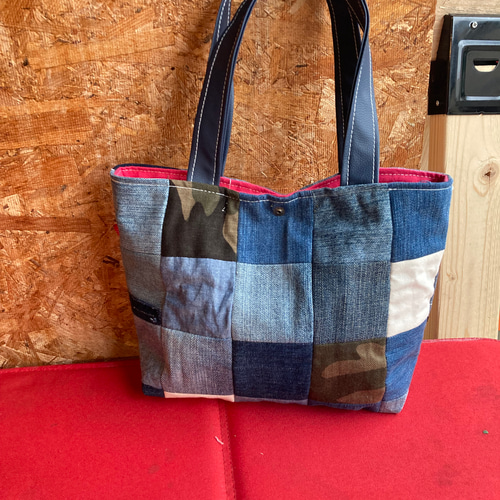 デニムパッチワークトートバッグ ハンドメイド トートバッグ M デニムパッチワークトートバッグ ハンドメイド トートバッグ M