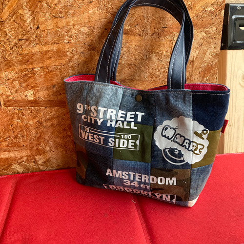 デニムパッチワークトートバッグ ハンドメイド トートバッグ M デニムパッチワークトートバッグ ハンドメイド トートバッグ M