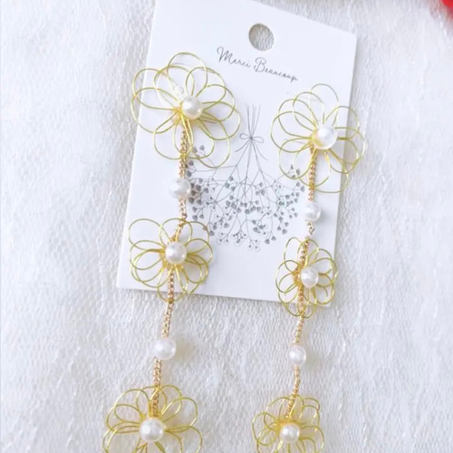 ワイヤーフラワー❁.*・ﾟパール付ロングアクセサリー ピアス