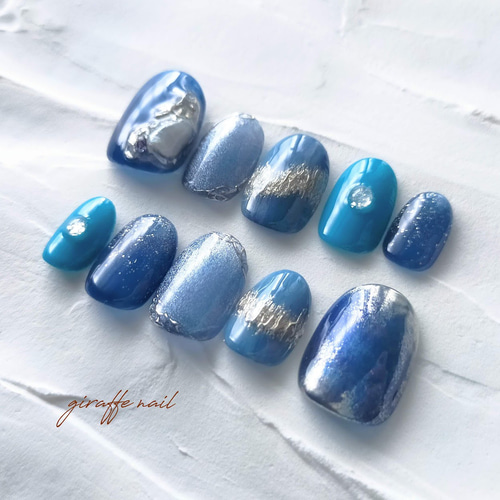 ネイルチップセット 青グレー 20個　サンプルネイルチップ　現品 FASHION NAIL XZF-002 ネイルチップ スクエア ミディアム