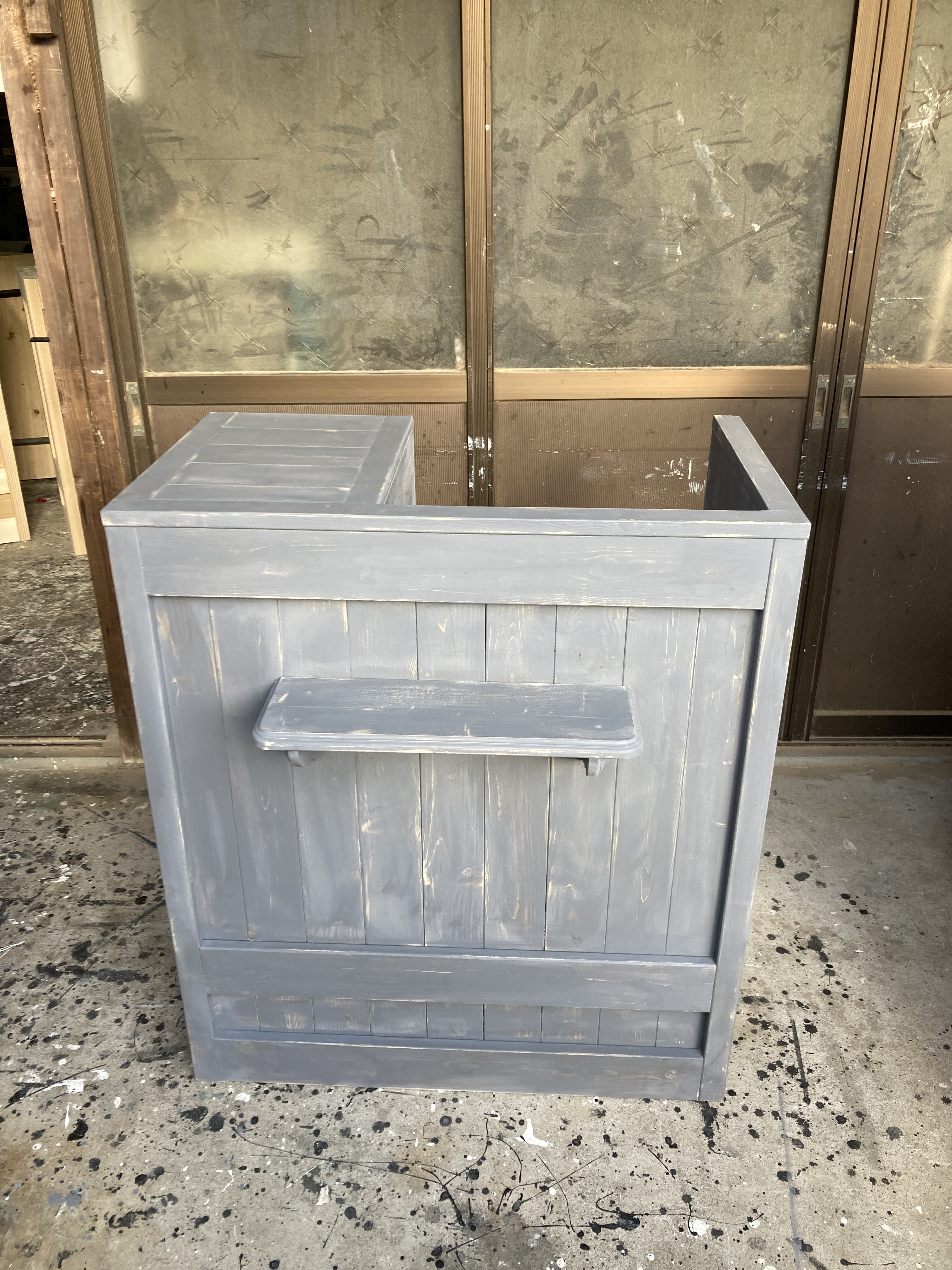 ［受注製作］☆グレーシャビー【レジ用凹み付】受付カウンターテーブル　レジカウンター【800】シェルフ付★店舗☆