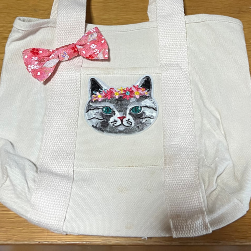 (手づくり)\"満たされネコ\"アップリケクリスタルねこ絵トートバッグ 0_774fb4b55dfef12309567d35b63b