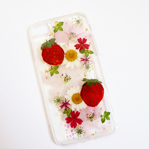 いちご 押し花スマホケース 押し花iPhoneケース 押しフルーツスマホ  