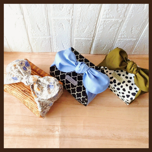 リボン結びお弁当袋 《ダルメシアン柄×カーキ》選べる口ゴム又は