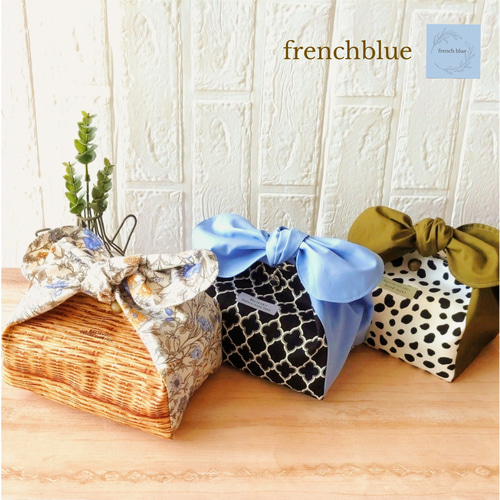 リボン結びお弁当袋 《ダルメシアン柄×カーキ》選べる口ゴム又は