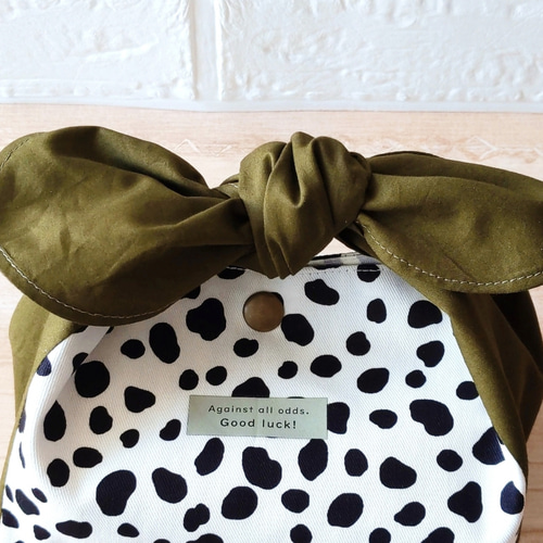 リボン結びお弁当袋 《ダルメシアン柄×カーキ》選べる口ゴム又は