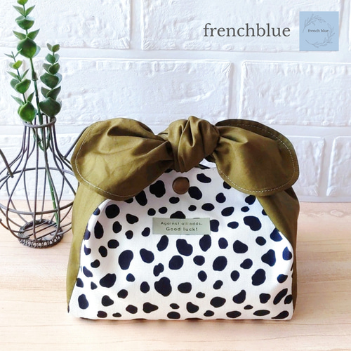 リボン結びお弁当袋 《ダルメシアン柄×カーキ》選べる口ゴム又は