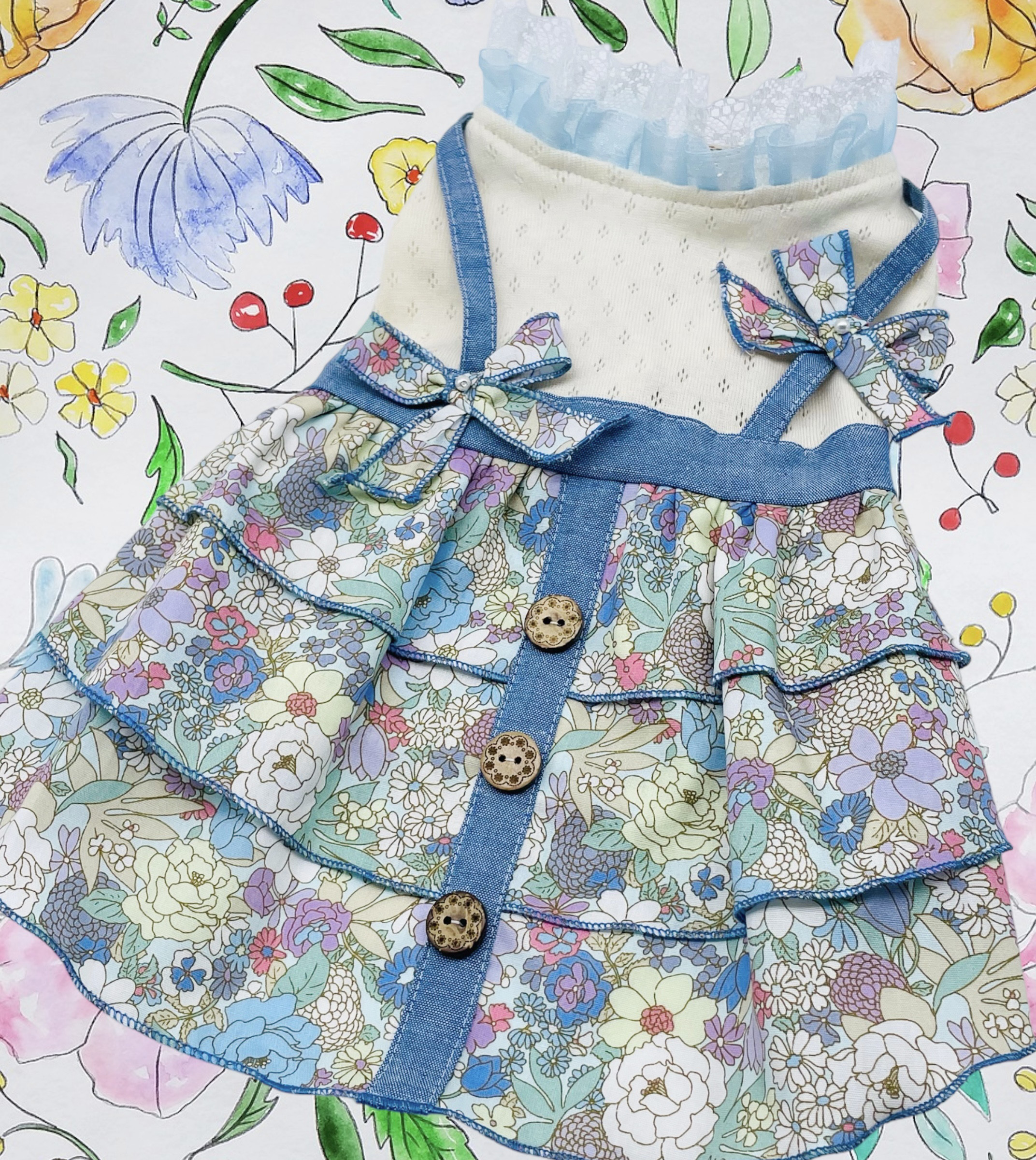 犬服/猫服　お花ブルーワンピース／オールインワン [OP888]